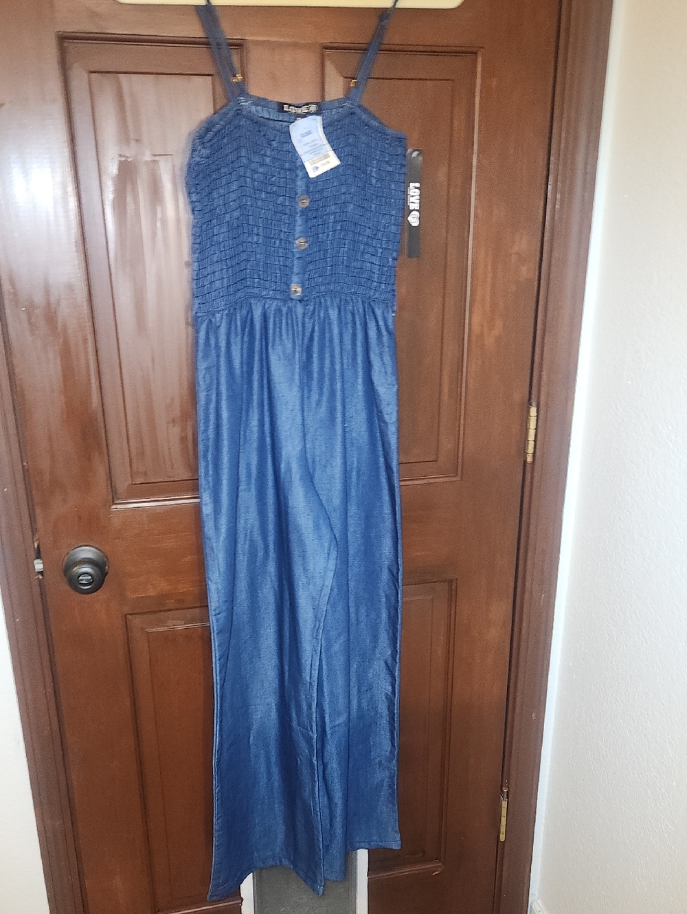Love Blue Smocked Maxi Jumpsuit with Button Detail